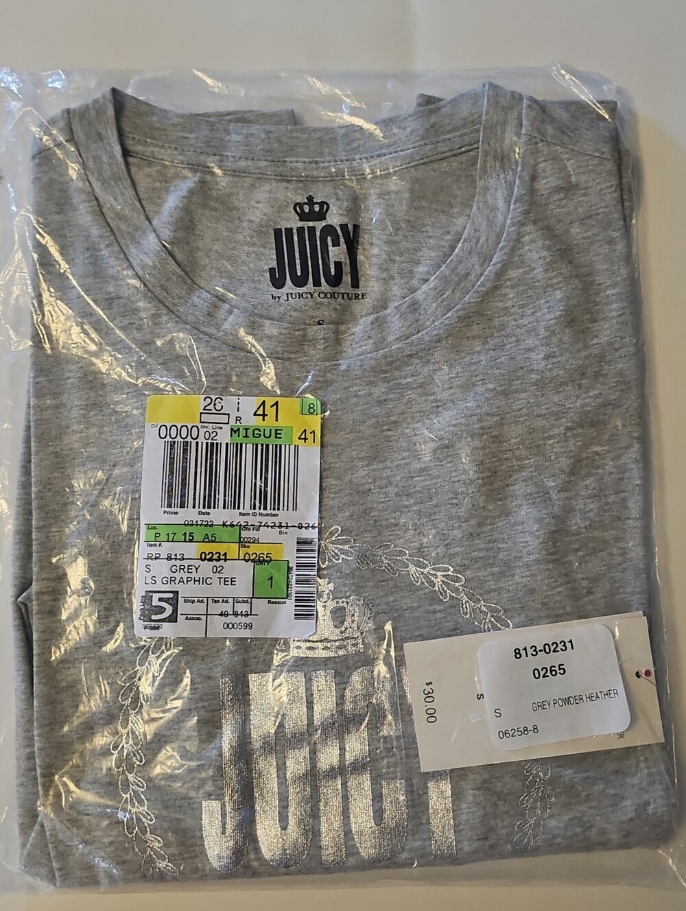 Juicy by Juicy Couture Grey Powder Heather Long SLEEVE Small S